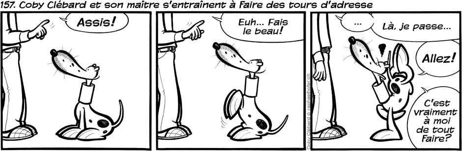 157. Coby Clébard et son maître s'entraînent à faire des tours d'adresse